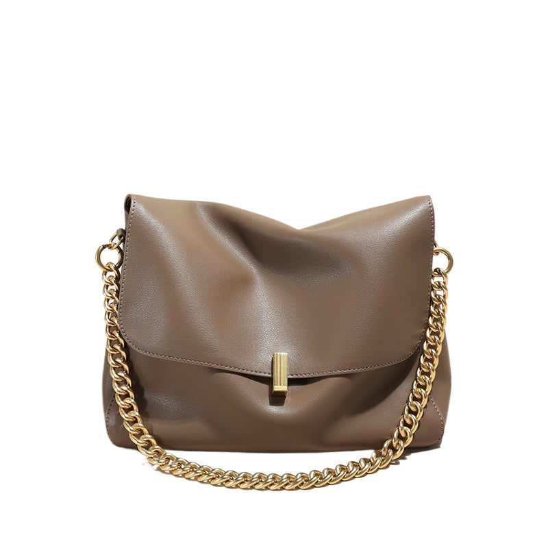 Taupe Chain Flap Leather Shoulder Bag